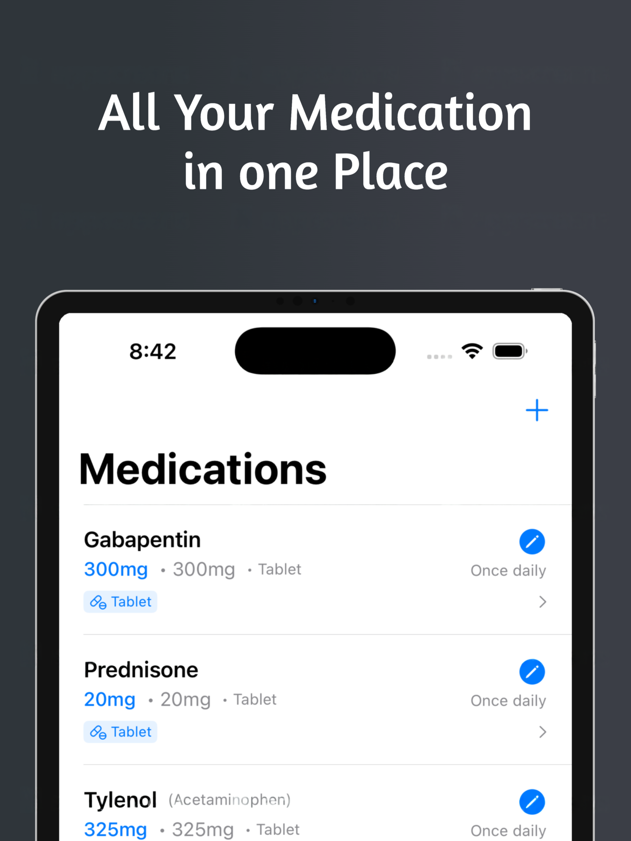 MedPal iOS app today view showing daily medication schedule with interactive checkboxes and reminder times
